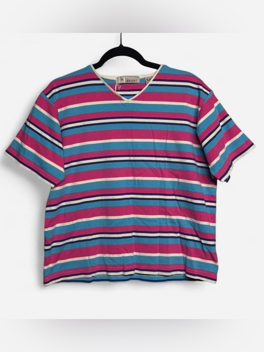 📚90’s L.T. Sport Made In USA White, Blue, & Pink Striped Short Sleeve T-Shirt📚